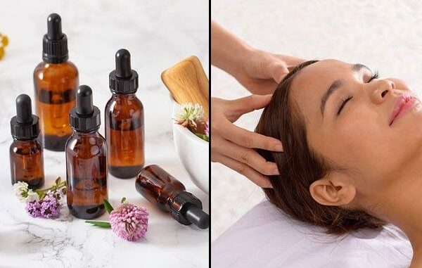 Bruna oljeflaskor och närbild av en avslappnande hårbottenmassage